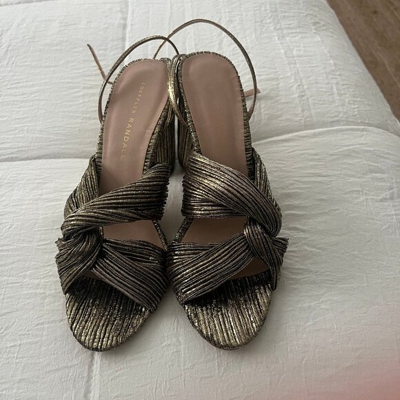 LOEFFLER RANDALL Gold Ruched Ankle Strap with Block Heel - Picture 2 of 9